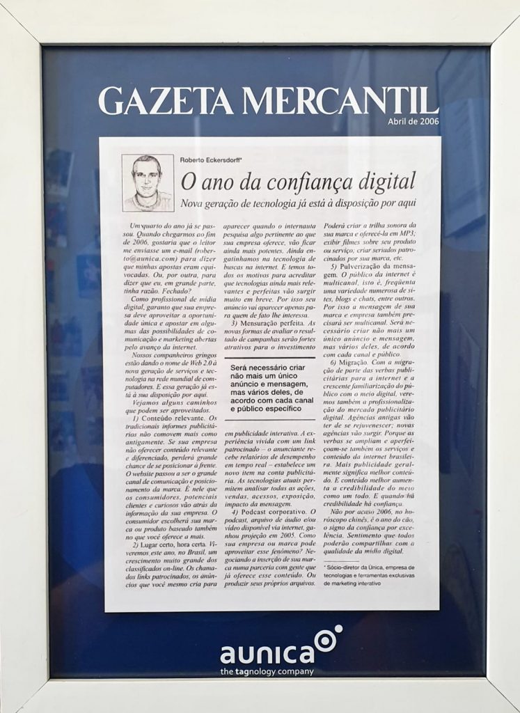 Capa da Gazeta Mercantil - Artigo - O ano da confiança digital - 2006