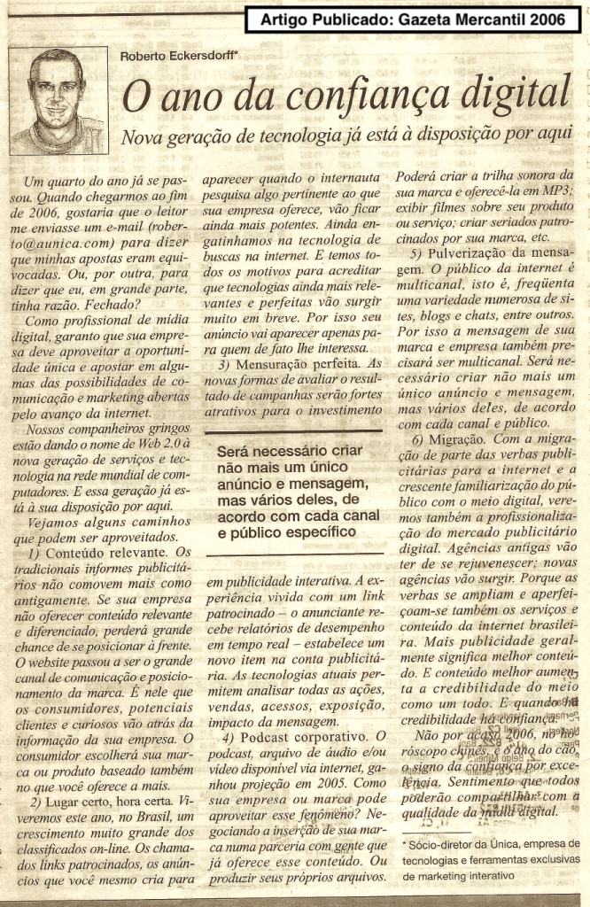 Capa da Gazeta Mercantil - Artigo - O ano da confiança digital - 2006